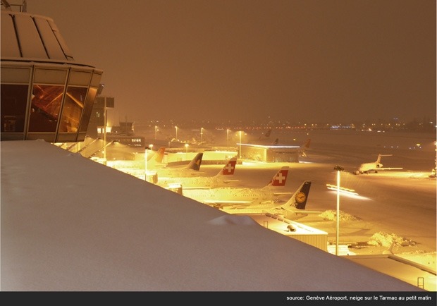 Tarmac au petit matin sous la neige. Crédit photo: Genève Aéroport