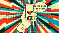 FMR Beer can: buvez pour vos droits, red, white and blue radio lightning background. 