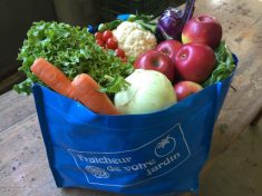  Blue Fraicheur de votre jardin bag of fresh fruits and vegetables and link to website. Home delivery services