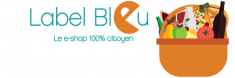 Label Bleu logo and link to website. Basket of fresh fruits, vegetable, milk and wine. "E" in "Bleu" is "eating" the "u". Home delivery services