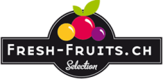 Fresh Fruits logo, black and white with yellow, pink and purple fruits. Home delivery services