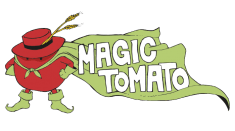 Monsieur Tomato wearing hat with matching green boots and cape, Magic Tomato logo. Home delivery services