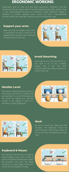 Ergonomics aims to make sure that tasks, equipment, information and the environment fit each worker with the five main aspects being: safety, comfort, ease of use, productivity/performance and aesthetics. Proper ergonomic design is necessary to prevent repetitive strain injuries and other musculoskeletal disorders. Below are a few tips to help you work in an ergonomic way. Support your arms Make sure that the weight of your arms is supported at all times. If they are not supported the muscles of your neck and shoulders will not thank you. Avoid Slouching Slouching can put a lot of pressure on your back so try to use a lumbar support. Also, if your chair feels uncomfortable then using an ergonomic cushion may help. Monitor Level The monitor should be placed directly in front of you, with the top no higher than your eye level. Try to control the glare on the screen by making sure that the monitor is not placed in front of a window or a bright background Neck Try not to “crane” your head and neck forwards. The keyboard should be placed directly in front of the monitor so you do not have to frequently turn your neck. Keyboard & Mouse The keyboard and the mouse should be close enough to your arms in order to prevent excessive reaching which strains the shoulders and arms. The elbow should be at a right angle and the arm should remain alongside the body. 